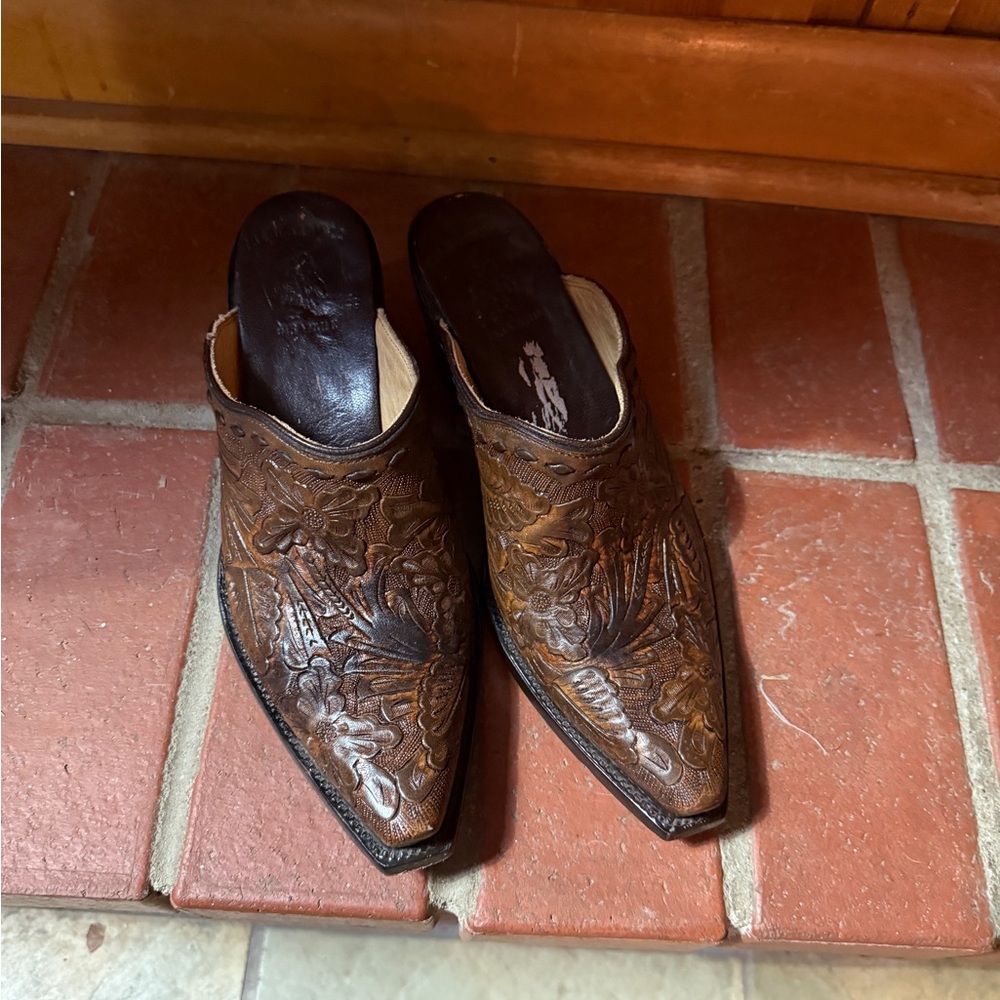 Old Gringo Brown Mules with Embossed Leather and Pointed Toe